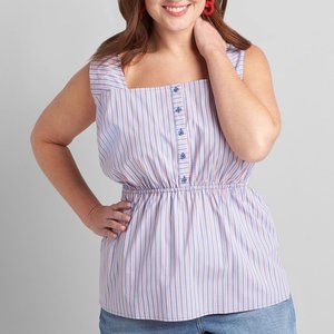Lane Bryant Women's No Peek Striped Button-Front Peplum Top 18 Blue White Stripe